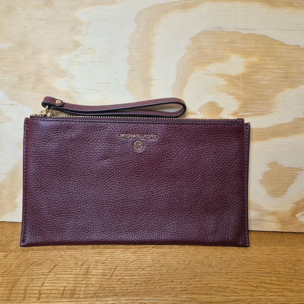 MICHAEL Michael Kors Large Flat Wristlet Clutch Merlot Burgundy Pebbled Leather